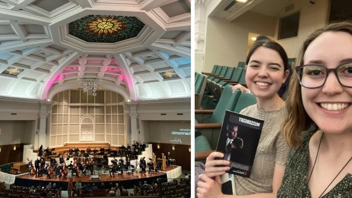 Two students take a selfie while waiting in the audience before a symphony concert (left); the 圣安东尼奥 Philharmonic musicians prepare for the start of a symphony concert on stage (right)